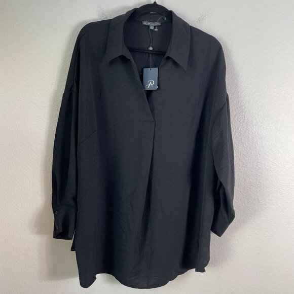 NEW Adrianna Papell Womens Plus 1X Textured Airflow Black V Neck Johnny Blouse - Picture 9 of 12